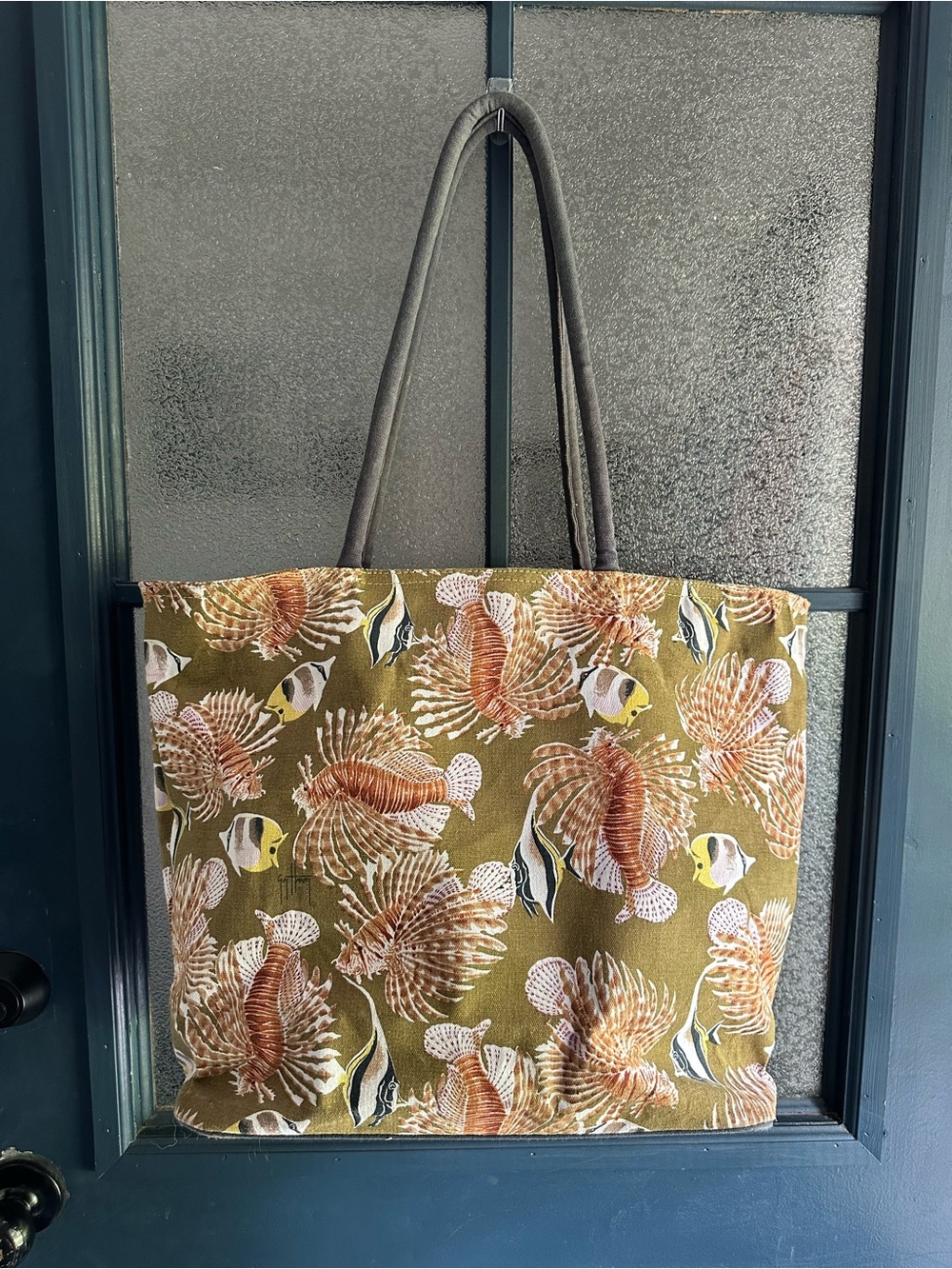 Guy Harvey Olive Green Canvas Tote with Tropical Fish Print